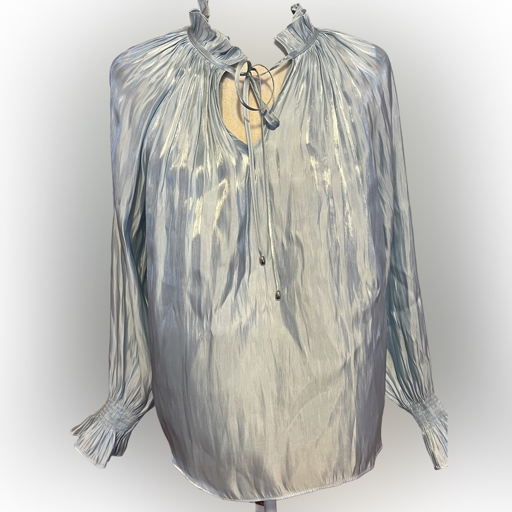 Entro > Romantic BOHO Light Blue Satin Pleated Lantern Sleeve Blouse Shimmery S